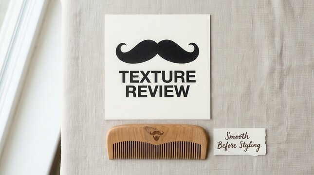 Professional grooming set featuring a wooden mustache comb and texture review card on linen fabric showcases masculine beard care branding and styling accessories for modern men and barbershop styled.