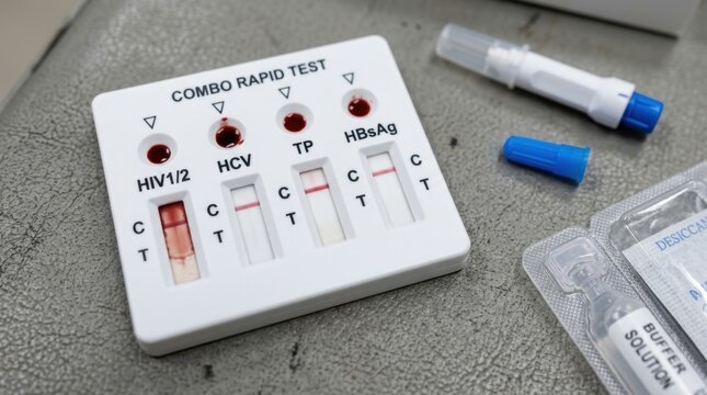 Professional medical rapid test kit displaying positive and negative blood results for HIV, HCV, Syphilis, and HBsAg on a grey sterile background ideal for healthcare diagnostics and clinical research