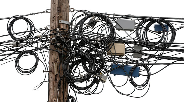 A weathered wooden utility pole burdened by a dense tangled mass of black electrical wires and communication cables with gray and blue junction boxes tangled wires messy technology