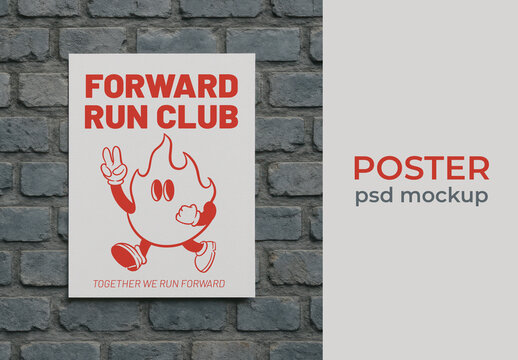 Poster Mockup PSD On Stone Wall With Playful Running Club Graphic