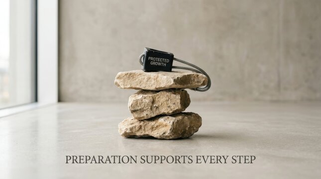 Small stack of three organic stones supports a metal climbing chock with protected growth text label representing security and stability for corporate progress within a clean minimalist studio area