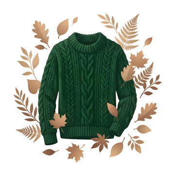 Cozy Green Cable Knit Sweater with Autumn Leaves on Black Background