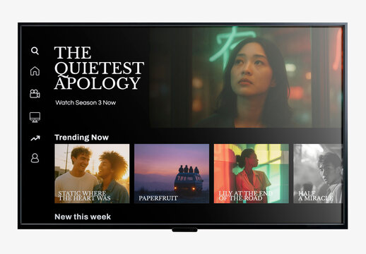 TV Screen Mockup PSD With Asian Woman Streaming Interface Design