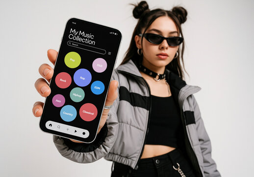 Young Asian Woman Holding Smartphone App Mockup PSD In Stylish Portrait