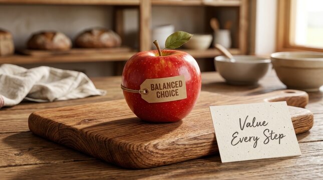 Fresh red apple sits on a wooden cutting board in a rustic kitchen, featuring a balanced choice tag and a value every step card to promote healthy lifestyle habits and mindful nutritional choices. Be.