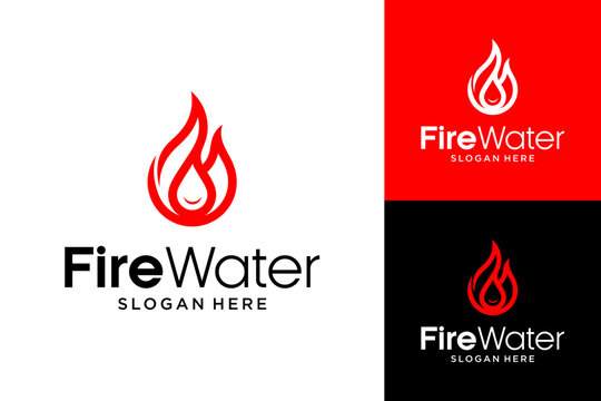 Modern Fire Water Logo Template with Flame and Droplet Icon for Gas Oil or Plumbing Industry