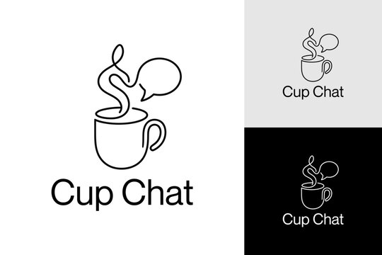 Cup Chat Logo Design with Continuous Line Art of Coffee Mug Steam Forming a Human and Speech Bubble