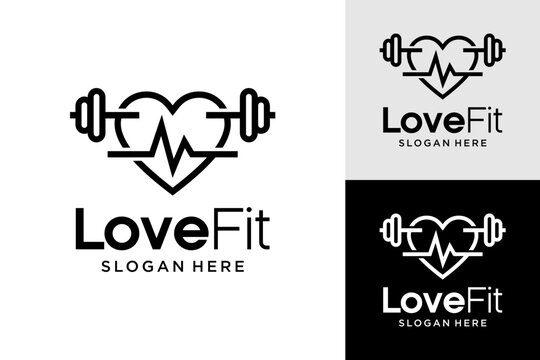 Love Fit Logo with Heart Barbell and Heart Rate Pulse Line for Fitness and Health Club Branding