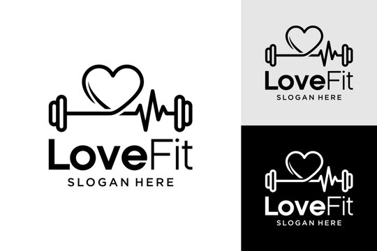 Minimalist LoveFit logo with heart, barbell, and heartbeat line for fitness, gym, and health brand