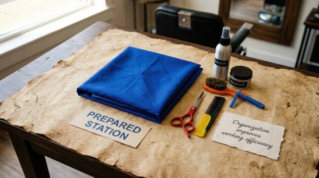 Professional barber tools including red scissors, comb, and spray bottle arranged on a prepared workstation with blue cloth and motivational text regarding organization for salon efficiency usage now.