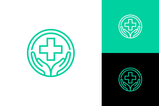 Minimalist Medical Cross Logo with Cupped Hands for Healthcare Protection and Wellness Clinic Brand