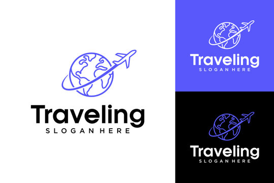Modern Airplane Flying Around World Globe Travel Logo Design for Aviation Agency and Tourism Business