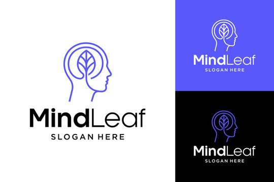 MindLeaf Logo Design Featuring Profile Head and Organic Leaf Symbol for Mental Wellbeing