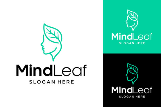 MindLeaf Logo Featuring a Woman's Profile and a Green Leaf for Mental Health and Wellness Branding