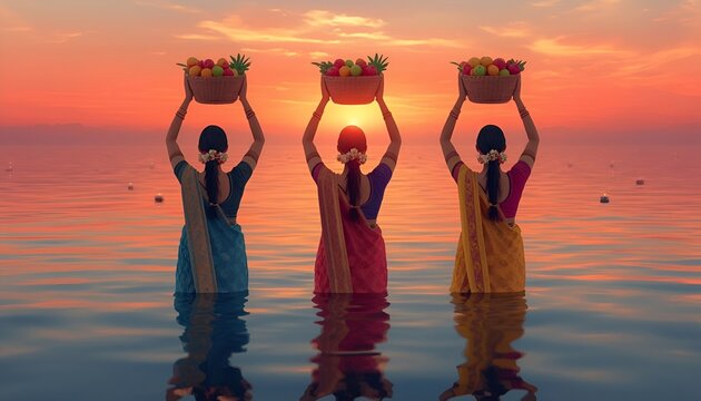 Devotee women giving Arag to the Sun. Happy Chhath Puja