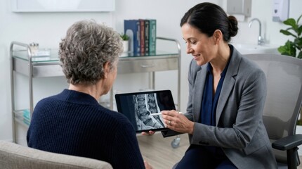 Fototapeta premium Doctor Consults Patient Showing MRI Results Explaining Diagnosis Digitally