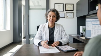 Fototapeta premium Doctor Consults With Patient In Modern Medical Office Examining Health Records