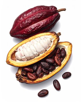 Ripe cocoa pod split open revealing white beans and dried seeds