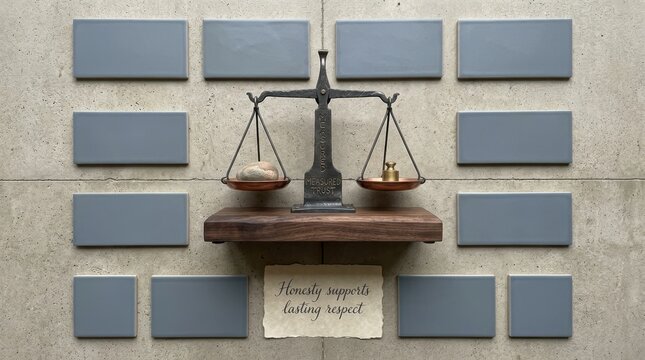 Antique vintage iron scale balancing natural stone and brass weight against a gray tiled wall with a paper note stating honesty supports lasting respect. A conceptual image for justice and morality...