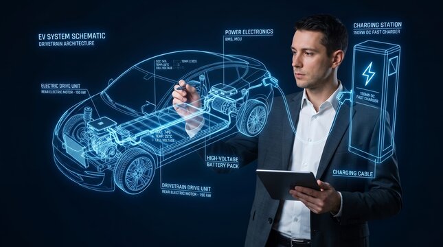 Engineer analyzing electric vehicle drivetrain architecture schematic interacting with holographic display of car components and charging station EV technology innovation