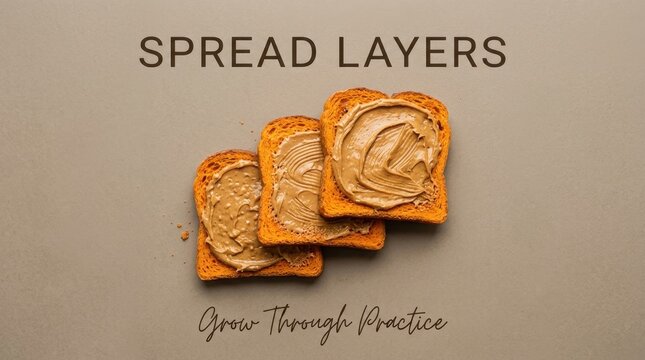 Delicious peanut butter spread on three crispy toast slices arranged diagonally on a neutral background featuring motivational text spread layers and grow through practice for healthy breakfast ideas.