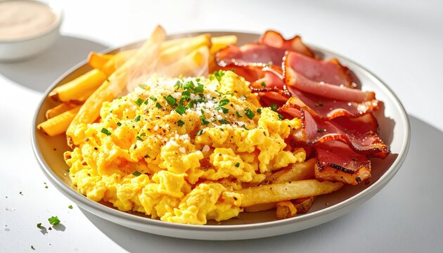 Fluffy scrambled eggs atop golden fries with crisp bacon and garnish