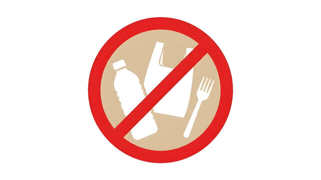 No single use plastic prohibition sign vector icon isolated on white background, stop plastic bag bottle fork waste, eco friendly, zero waste, non plastic environmental protection campaign symbol.