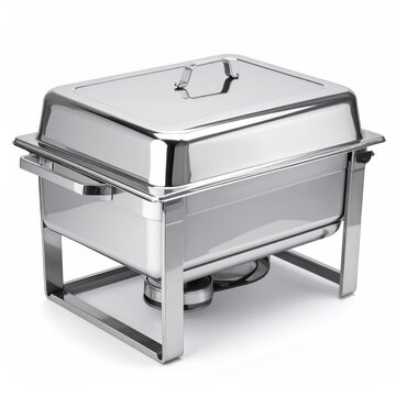 Gleaming stainless steel chafing dish with a hinged lid and stand