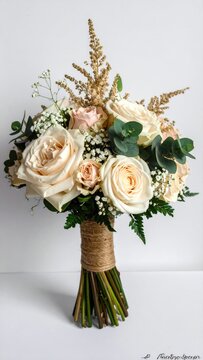Elegant bouquet of soft cream and blush roses with greenery and filler flowers