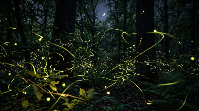 Magical glowing fireflies in dark forest under crescent moon