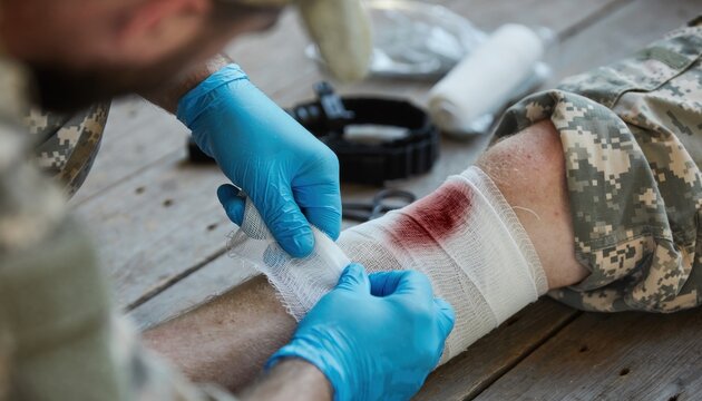 Military medic applying first aid bandage to wounded soldier leg