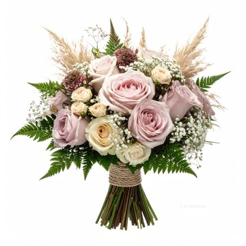Delicate bouquet of pink and cream roses, ferns, and dried grasses