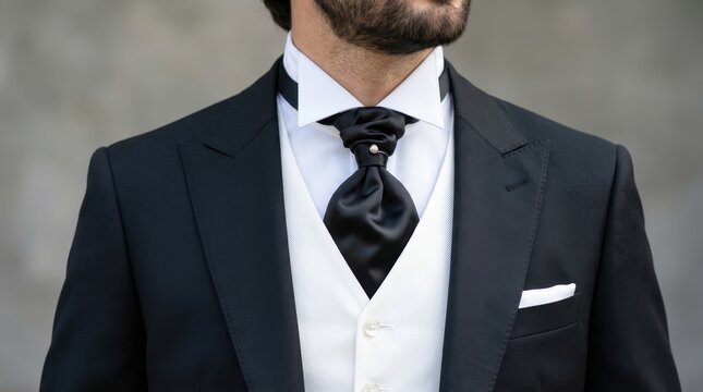 Elegant groom wearing a classic black tuxedo with a white waistcoat and a sophisticated black cravat featuring a pearl pin. This stylish formal attire is perfect for weddings and black tie events