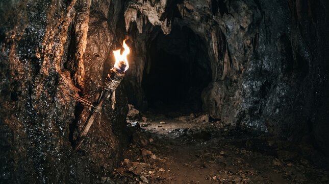 Torchlight illuminates a dark cave entrance casting shadows on rough rock walls representing adventure and exploration into the unknown
