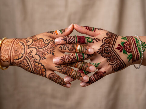 Intricate henna patterns adorn interlocked hands featuring traditional cultural motifs with multi colored artistic accents with displays two hands intertwined