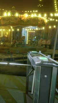 A lively carnival scene comes to life at dusk, showcasing a stunning carousel adorned with bright lights. Nearby, the entry turnstile waits for eager visitors, brimming with excitement.