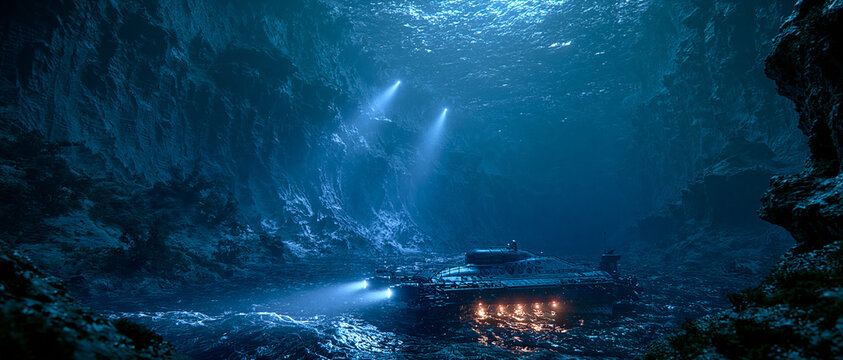 a tiny deep sea submersible exploring an enormous ocean trench, powerful searchlights revealing gigantic canyon walls, endless abyss surrounding the vessel, ultra realistic underwater photography.