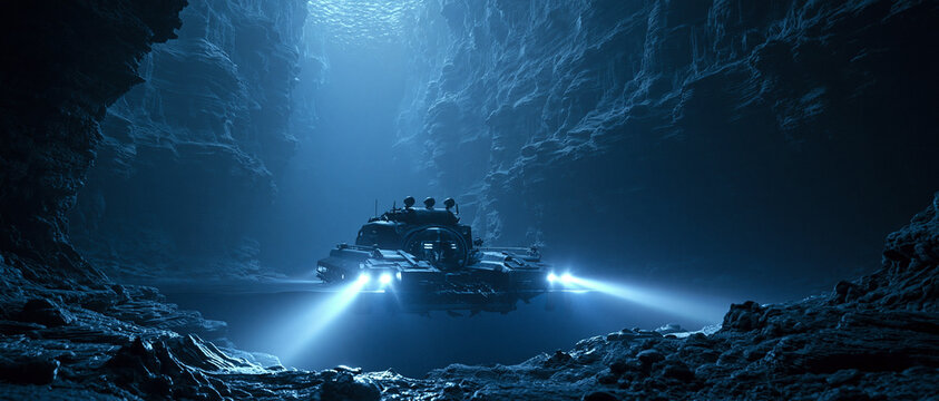 a tiny deep sea submersible exploring an enormous ocean trench, powerful searchlights revealing gigantic canyon walls, endless abyss surrounding the vessel, ultra realistic underwater photography.