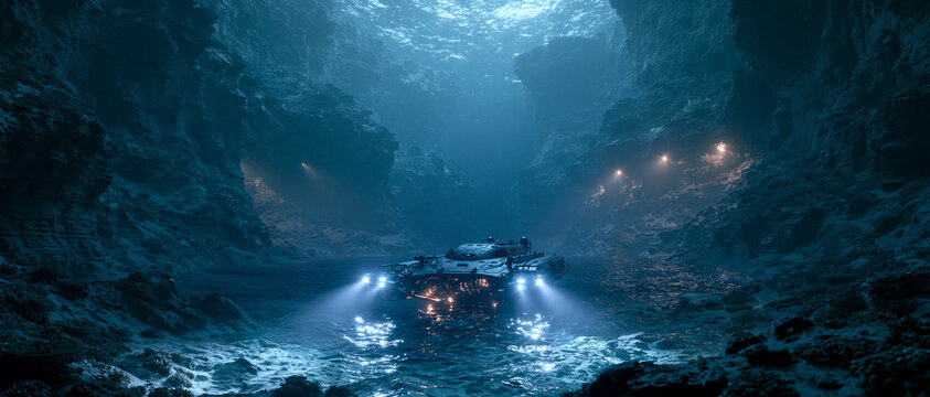 a tiny deep sea submersible exploring an enormous ocean trench, powerful searchlights revealing gigantic canyon walls, endless abyss surrounding the vessel, ultra realistic underwater photography.