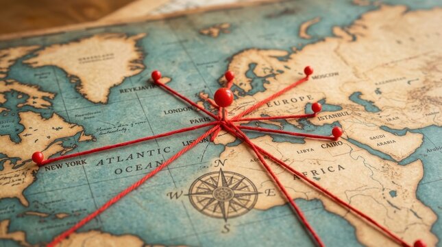 Detailed vintage world map featuring red push pins and interconnected strings centered on Europe, representing global travel routes and international logistics for business networking and strategies.