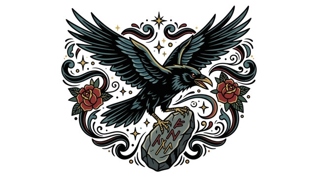 Raven perched on stone with floral ornaments