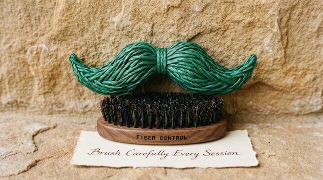 Green twine mustache shaped object resting on a professional wooden fiber control beard brush placed on a textured stone surface with a paper note that says brush carefully every session grooming