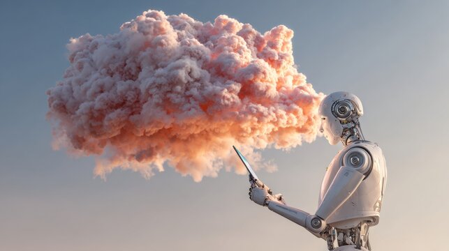 Futuristic humanoid robot holding digital tablet while looking at cloud computing interface, artificial intelligence assistant, smart automation technology, data storage network, machine learning, cyb