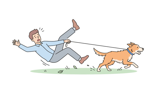 Man Falling While Dog Pulls Leash