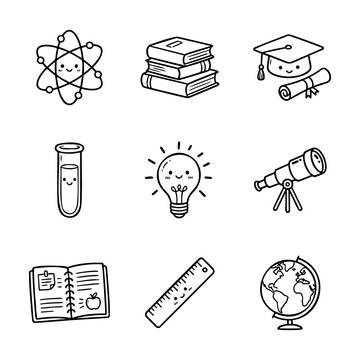Cute Science And Education School Supplies Doodle Vector Line Art Collection