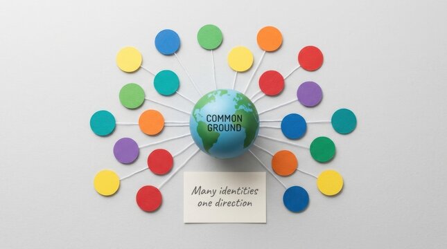 Global unity concept showing globe with common ground text connected to various colorful circles representing diverse identities moving in one direction for social harmony and cooperation