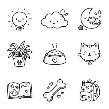 Cute Cat And Dog Pet Care Theme Cute Line Art Vector Illustration Set