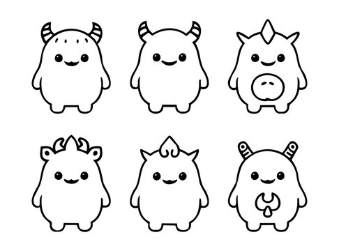 Cute Friendly Monster Characters Cute Line Art Vector Set For Kids