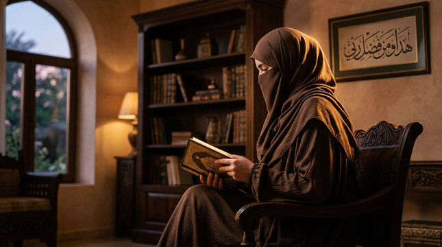 Muslim woman in niqab reading book in home library