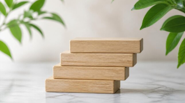 Wooden blocks stair setup on a marble surface with natural green leaves